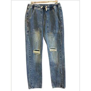 Miss Sparkling Distressed Elastic Waist drawstring Casual Denim Jeans Size Mediu